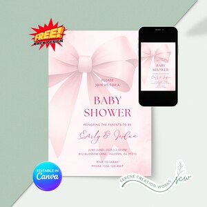 Pink Bow Baby Shower Invitation: Watercolor Ribbon (EDITABLE Canva)
