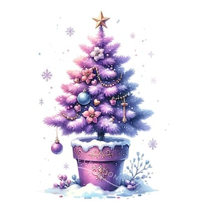 Purple Potted Christmas Tree Clipart 10 Watercolor JPG Outdoor Christmas Tree Winter Printable Clipart, Christmas Paper Craft, Junk Journals