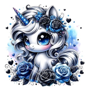 Clipart licorne gothique bleu 10 licornes florales JPG, aquarelle bébé licorne imprimables art, décoration de chambre d'enfant en téléchargement numérique, travaux manuels en papier