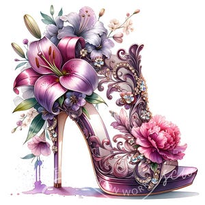 Lila Blumen Prom Schuhe Clipart 10 Aquarell JPG High Heel Clipart, digitale Clipart, digitaler Download Kartenherstellung Papier Handwerk Junk Journal