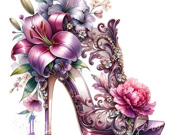 Purple Floral High Heel Clipart: Watercolor Prom Shoes (Digital Download)
