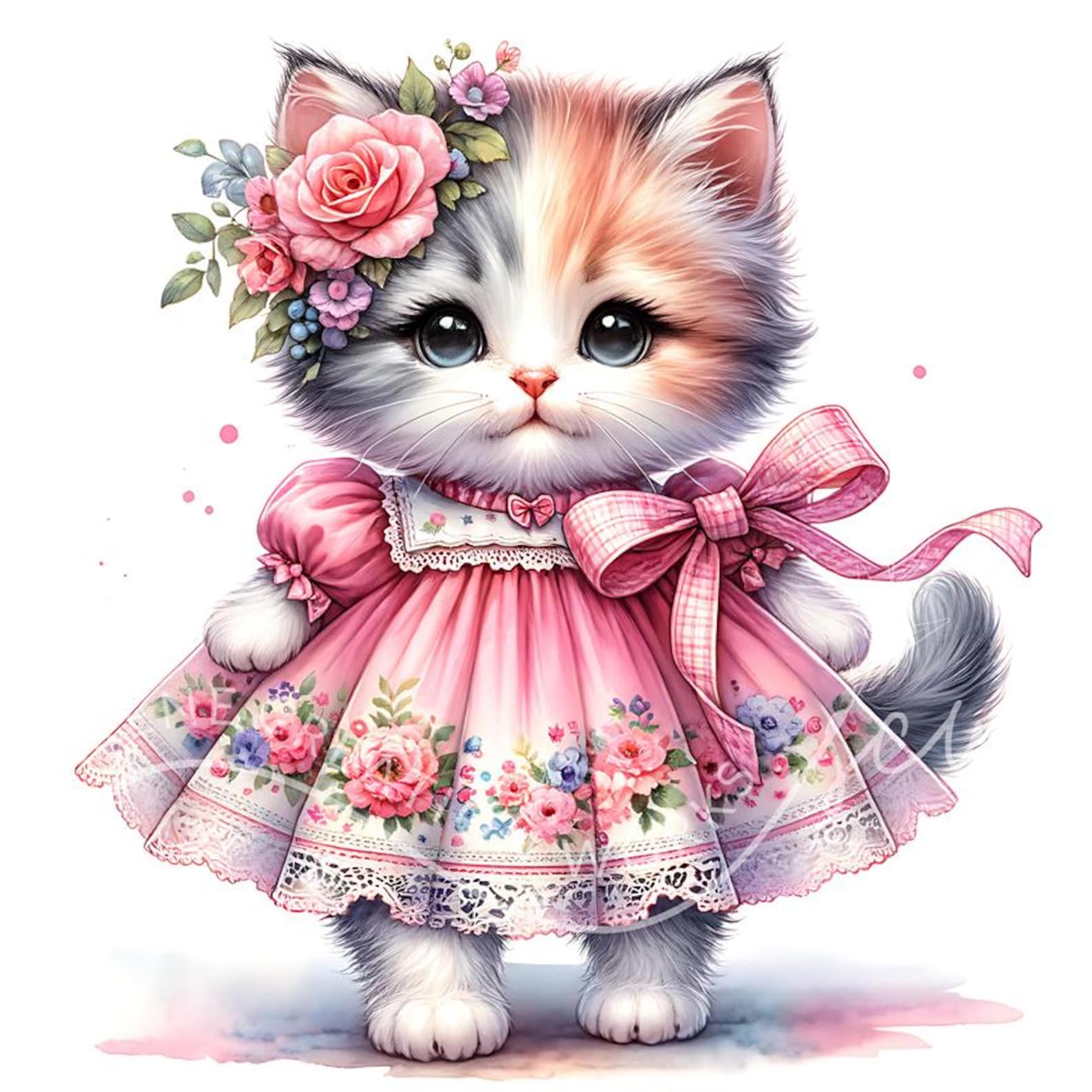 Watercolor Pink Floral Kitten Clipart: Shabby Chic Cat Illustration ...
