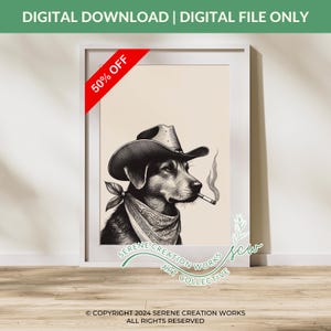 Cowboy Dog Black Art Print, Vintage Art, Retro Print, Blue Wall Art Dog, Western Dog Print, Trendy Decor, Digital Download, Dog Art Print