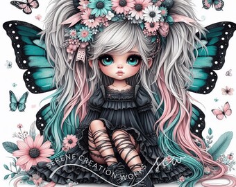 Girl Butterfly Clipart: Whimsical Junk Journal Ephemera (JPG Digital Download, Commercial Use)