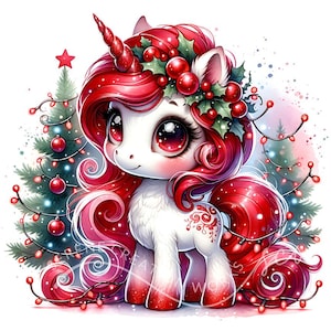Red Christmas Winter Unicorn Clipart 10 JPG Christmas Tree, Watercolor Baby Unicorn Winter Holidays, Digital Paper Craft, Junk Journal
