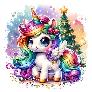 Rainbow Christmas Winter Unicorn Clipart 10 JPG Christmas Tree, Watercolor Baby Unicorn Winter Holidays, Digital Paper Craft, Junk Journal