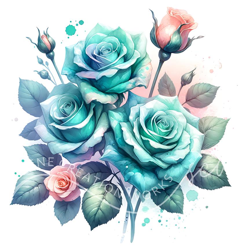 Teal Roses Clipart 10 Watercolor JPG Teal Roses Bouquet Clipart, Teal ...