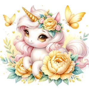 Pivoine jaune princesse licorne Clipart 10 JPG aquarelle fleur licornes Clipart mignon Floral Fantasy lunatique licorne magique animal clipart