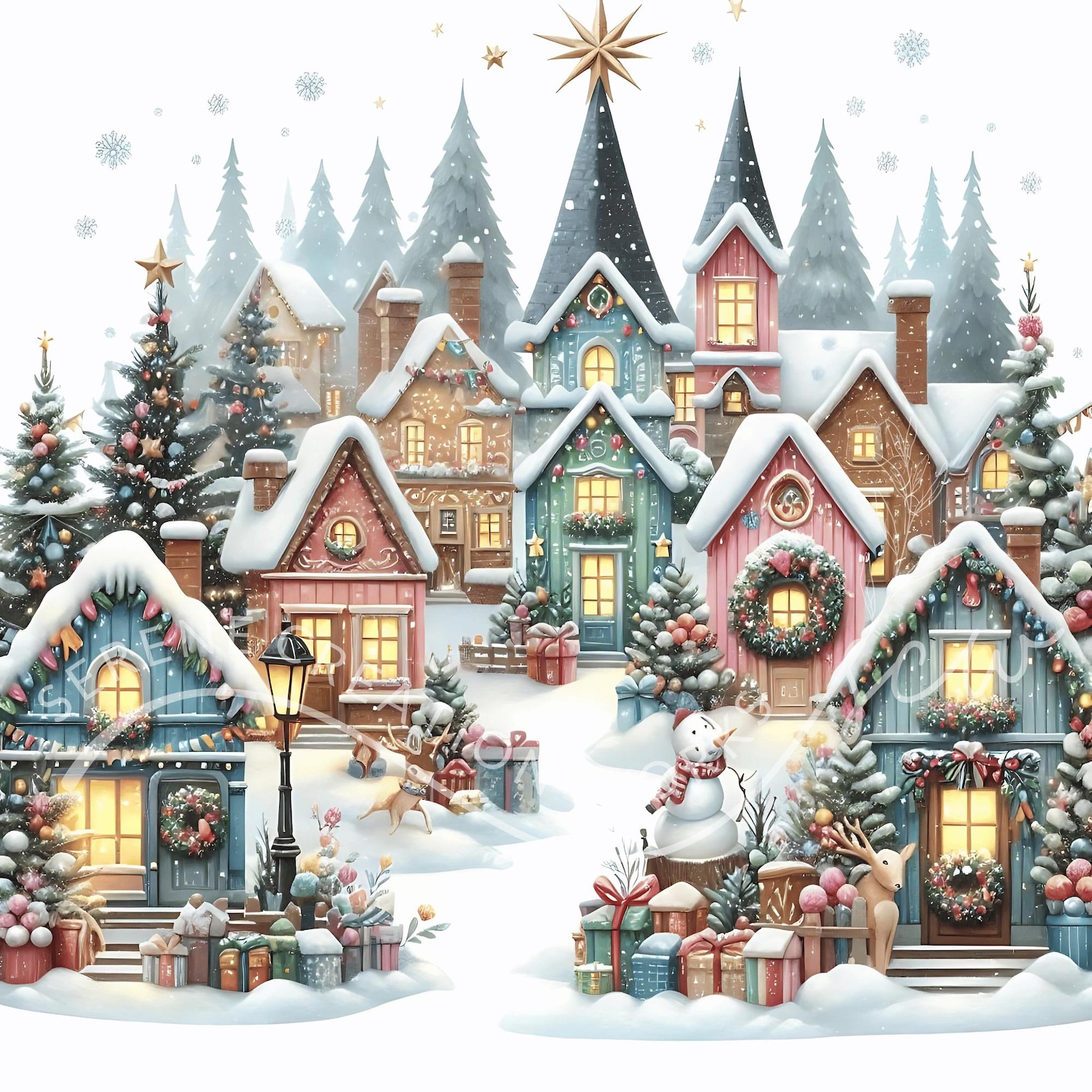 Christmas Village Clipart 10 Watercolor JPG Cozy Winter Town, Whimsical ...