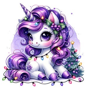 Purple Christmas Winter Unicorn Clipart 10 JPG Christmas Tree, Watercolor Baby Unicorn Winter Holidays, Digital Paper Craft, Junk Journal