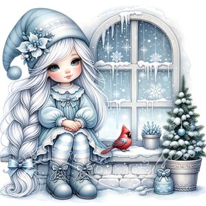 Puede incluir: Una niña de pelo blanco con un sombrero y un vestido azules está sentada en un alféizar de ventana. Tiene una trenza y está mirando a un cardenal rojo posado en el alféizar de la ventana. Un pequeño árbol de Navidad cubierto de nieve está en una maceta a la derecha de la niña.
