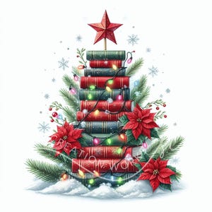 Christmas Book Tree Clipart 10 Watercolor JPGs Christmas Gift For Teachers,School,Junk Journal,Scrapbooking, Book Lovers, Bookworm Christmas