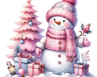 Puede incluir: Un muñeco de nieve rosa con un gorro y una bufanda rosas, sosteniendo una rama de acebo con bayas rojas. El muñeco de nieve está de pie frente a un árbol de Navidad rosa con adornos azules y regalos envueltos.