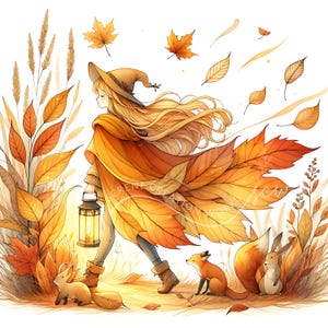 Watercolor Autumn Doll Clipart: Leaf Lantern, Forest Animals (JPG Digital Download)