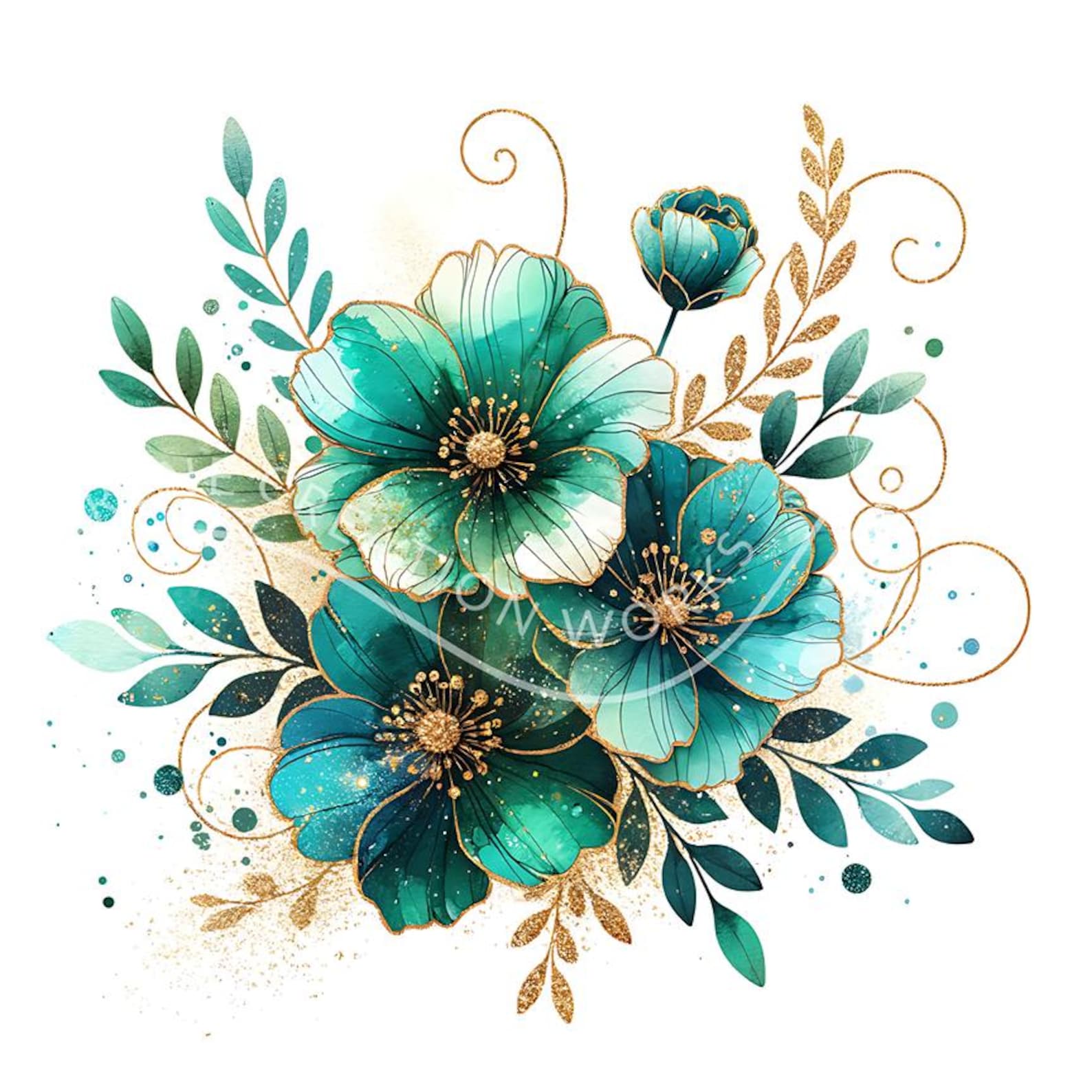 Teal Watercolor Flower Clipart: Abstract Floral Art (digital Download ...