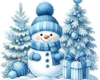 Watercolor Christmas Blue Snowman Clipart 10 Watercolor JPG Christmas Graphics,Festive Snowman Clipart, Blue Christmas, Cute Snowman Clipart