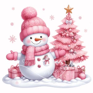 Clipart de muñeco de nieve navideño rosa con acuarela 10 JPG de acuarela Navidad femenina, clipart de muñeco de nieve festivo, Navidad rosa de invierno, muñeco de nieve lindo