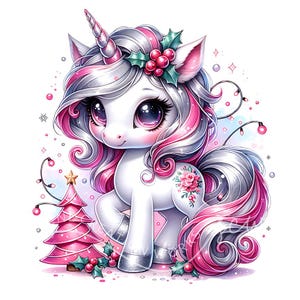 Pink Christmas Winter Unicorn Clipart 10 JPG Christmas Tree, Watercolor Baby Unicorn Winter Holidays, Digital Paper Craft, Junk Journal