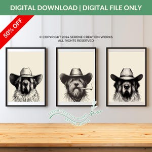 Cowboy Dog Black Art Print 3 Set, Vintage Art, Retro Print, Blue Wall Art Dog, Western Dog Print, Trendy Decor, Digital Download, Art Dog