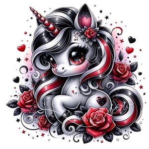 Clipart de unicornio gótico rojo (10 imágenes JPG), unicornios florales, arte imprimible de unicornio bebé en acuarela, decoración de guardería, descarga digital, manualidades de papel