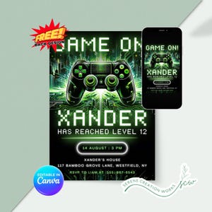 Neon Gamer Birthday Invitation: Editable Video Game Party (Canva Template)