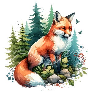 Fox in Forest Clipart 10 Watercolor JPG Printable Watercolor clipart, Digital download, Card making, Paper craft, junk journals, Fox Clipart
