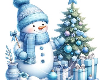 Watercolor Christmas Blue Snowman Clipart 10 Watercolor JPG Christmas Graphics,Festive Snowman Clipart, Blue Christmas, Cute Snowman Clipart