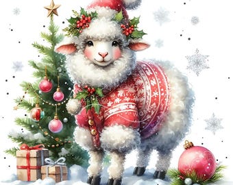 Christmas Lamb 10 Watercolor JPGs Clipart Bundle,  Cute Lamb, Digital Crafting, Scrapbook, Printable Clipart, Cute Christmas Animal