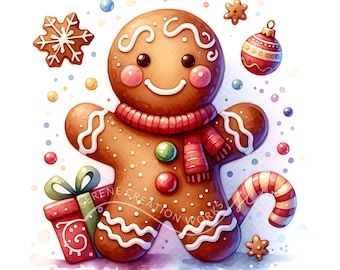 Happy Gingerbread Man Clipart 10 Watercolor JPG Gingerbread Clipart, Watercolor Clipart, Scrapbooking, Christmas Clipart, Christmas Cookies