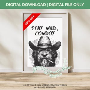 Stay Wild Cowboy Dog Black Art Print, Vintage Art, Retro Print, Blue Wall Art Dog, Western Dog Print, Trendy Decor, Digital Download Dog Art