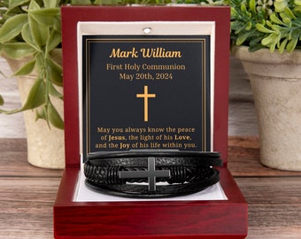 Personalized Leather Cross Bracelet First Communion Gift for Men Boy, May You Always Know The Peace of Jesus, Custom Christian Catholic Gift