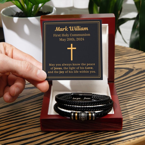 Personalized Leather Bracelet First Communion Gift for Men Boys, May You Always Know The Peace of Jesus, Custom Name Christian Catholic Gift