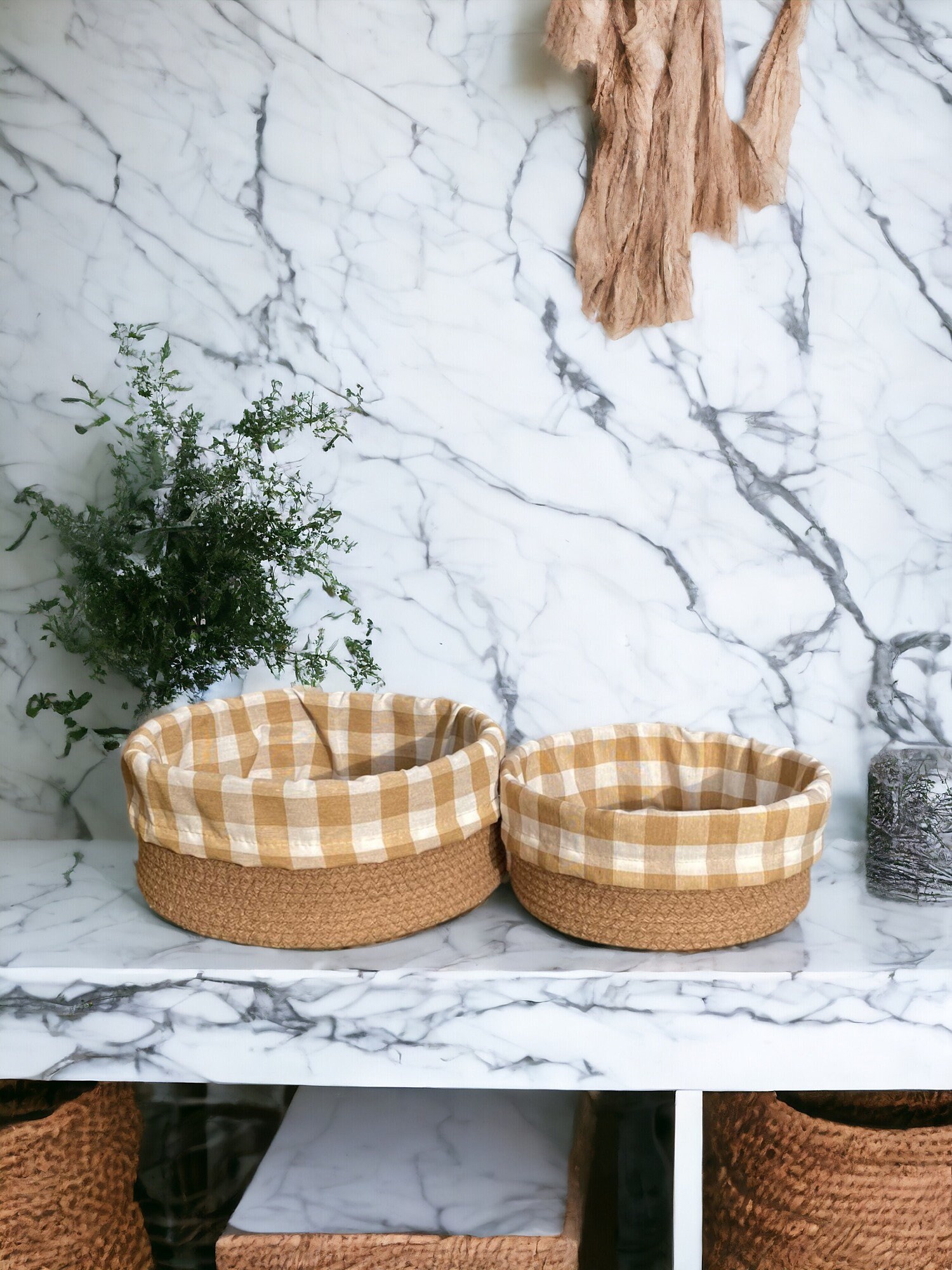 Set of 2 Round Wicker Baskets With Detachable Polka Dot Liner Handmade ...