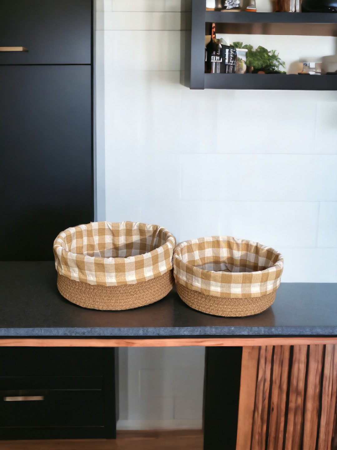 Set of 2 Round Wicker Baskets With Detachable Polka Dot Liner Handmade ...