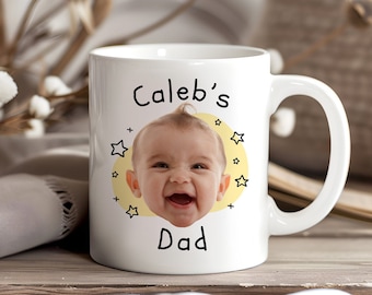 Custom doodle art baby face photo mug, Cute gift for him first Fathers Day, dad birthday mug, gift for grandpa, daddy personalised Christmas