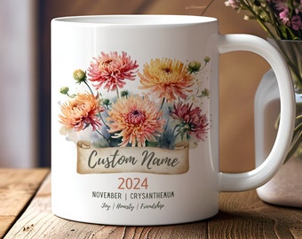 November custom birth flower, personalized birthday mug, watercolor cottagecore artwork, new mum gift, Chrysanthemum mug, birth month flower