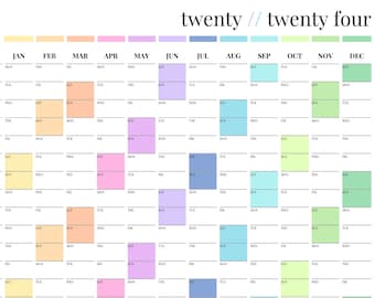 Customisable 2024 Wall Planner, Full Calendar, Annual Calendar (Portrait, Canva Template)