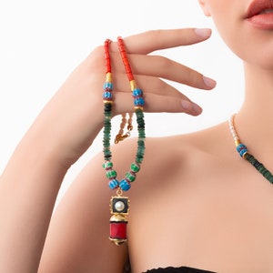 Stunning MultiColour Natural Stone Beaded Necklace Pearl, Coral, Emperor Stone, African Turquoise and Murano, Stylish Statement Necklace image 3