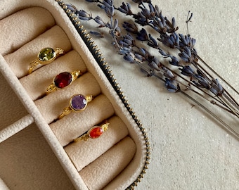 Adjustable 18k Gold Plated Gemstone Ring: Minimalist Peridot, Amethyst, Ruby, Crystal Quartz