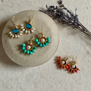 18k Gold Hellenistic Earrings, Sunflower Natural Coral, Turquoise and Pearl Earrings, Natural Stone Dangle Earrings, Stone Bead Earrings