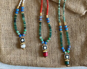 Stunning MultiColour Natural Stone Beaded Necklace - Pearl, Coral, Emperor Stone, African Turquoise and Murano, Stylish Statement Necklace