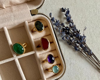 Adjustable 18k Gold Plated Ring: Natural Agate, Labradorite, Amethyst