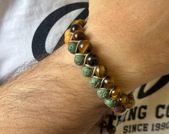 Bracciale in occhio di tigre e pietra lavica: macramè fatto a mano, unisex