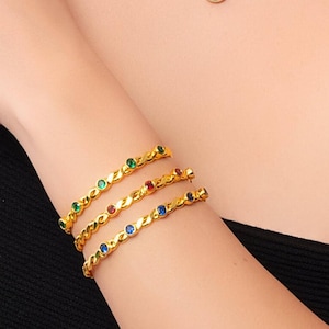 Gold Cuff Bracelet: Twisted Brass Bangle with Ruby, Sapphire, Emerald