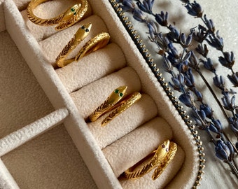 Gold Snake Ring with Ruby, Emerald, Sapphire: Adjustable Serpent Ring