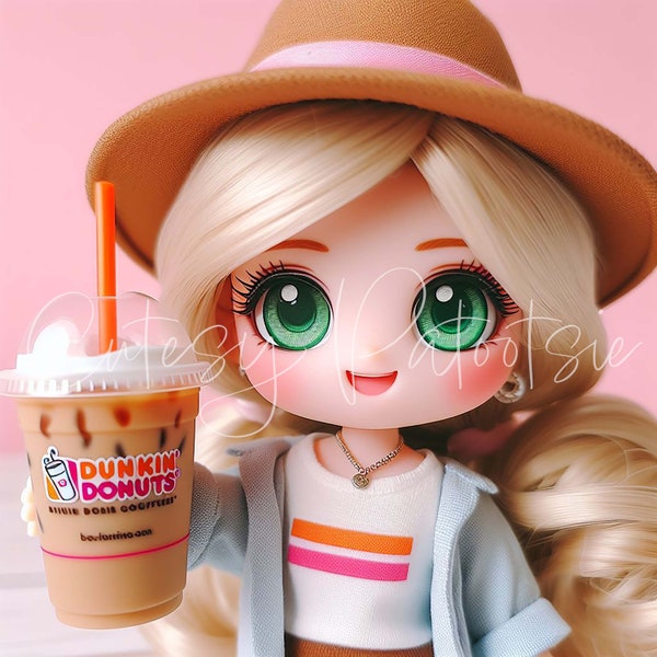 Cute Blonde Ponytail Hair Green Eyes Hat Donut Coffee Lover Print Girl Doll Photo Profile Pic Image Avatar DIGITAL DOWNLOAD