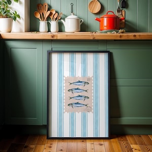 Vintage Fish Wall Art - Coastal Kitchen Decor - Nautical Striped Printable - Digital Download