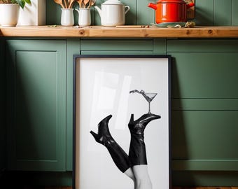 B&W Boot Martini Art Print: Chic Bar Cart Decor (Digital Download)