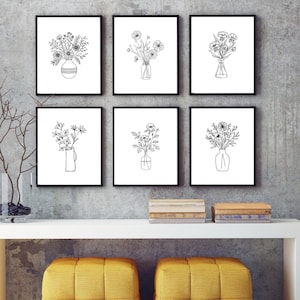 Láminas de arte lineal de flores minimalistas: Conjunto floral en blanco y negro (descarga digital)
