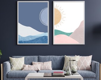Boho zon maan muur kunst set van 2, moderne afdrukbare uit het midden van de eeuw, abstracte hemelse prints, minimalistische aquarel poster, neutraal interieur